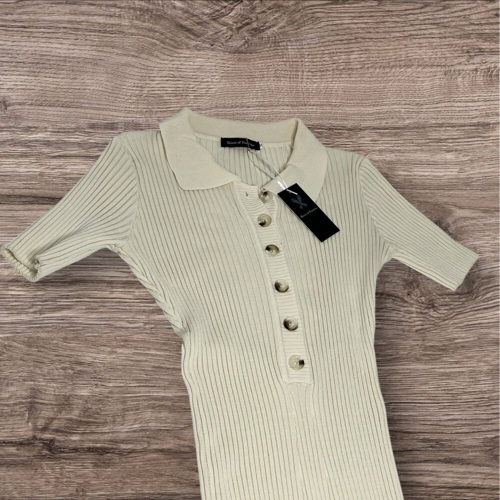 House Of Tsarivna Ribbed Knit Midi Polo Dress Ivory Stretch Womens small - Picture 3 of 6